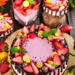 Strawberry Cake Decoration Strawberry cake with elegant floral decoration and fresh berries on top